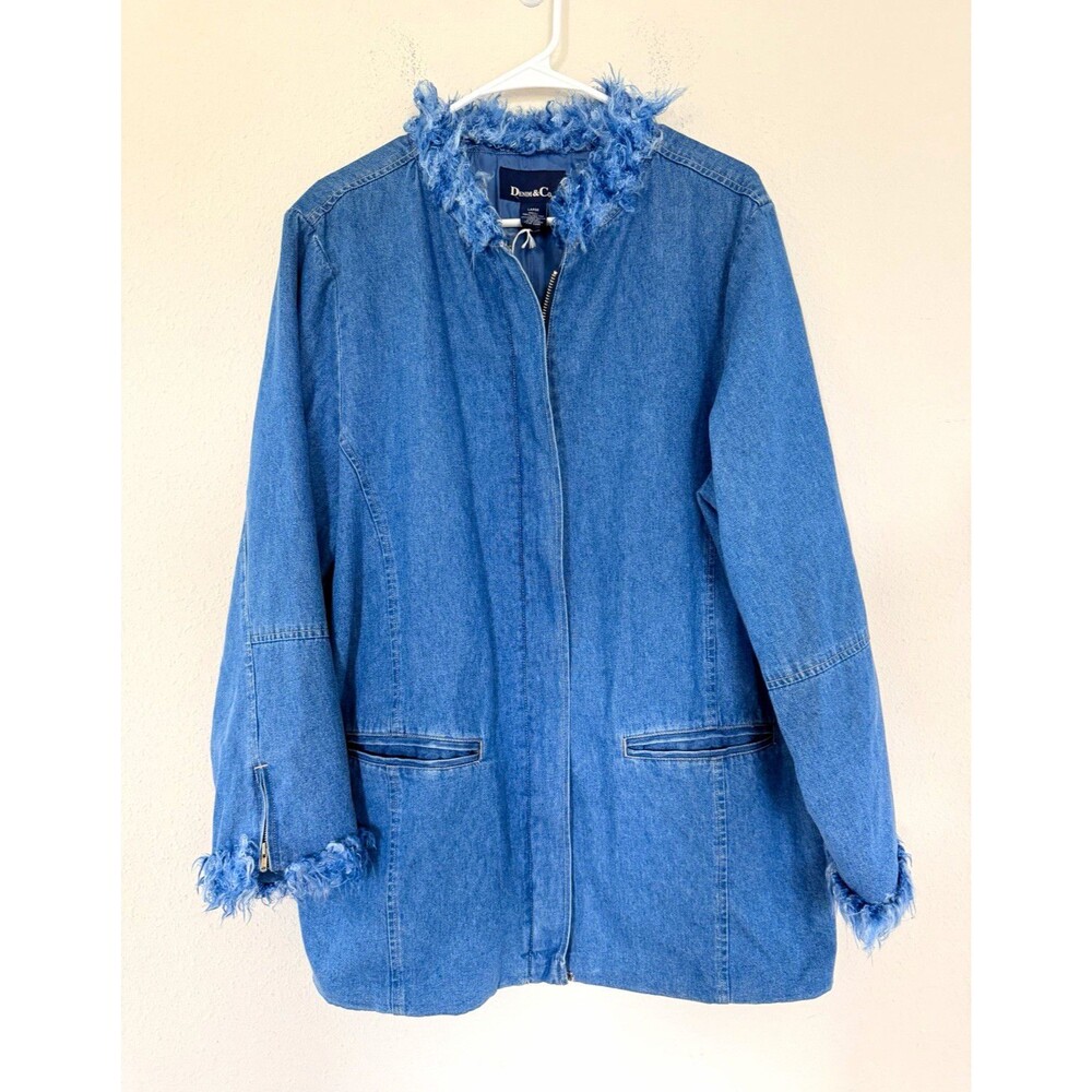 Vintage Denim & Co Penny Lane Full Zip Chore Coat L Y2K Faux Fur Trim Lined